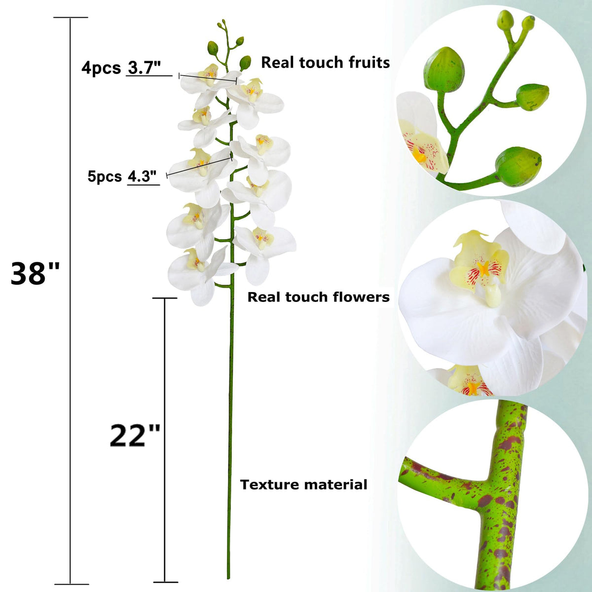 38 Inch Artificial Phalaenopsis Branches Real Touch (Not Silk) Orchids Wedding Decoration, Pack of 2 (White)