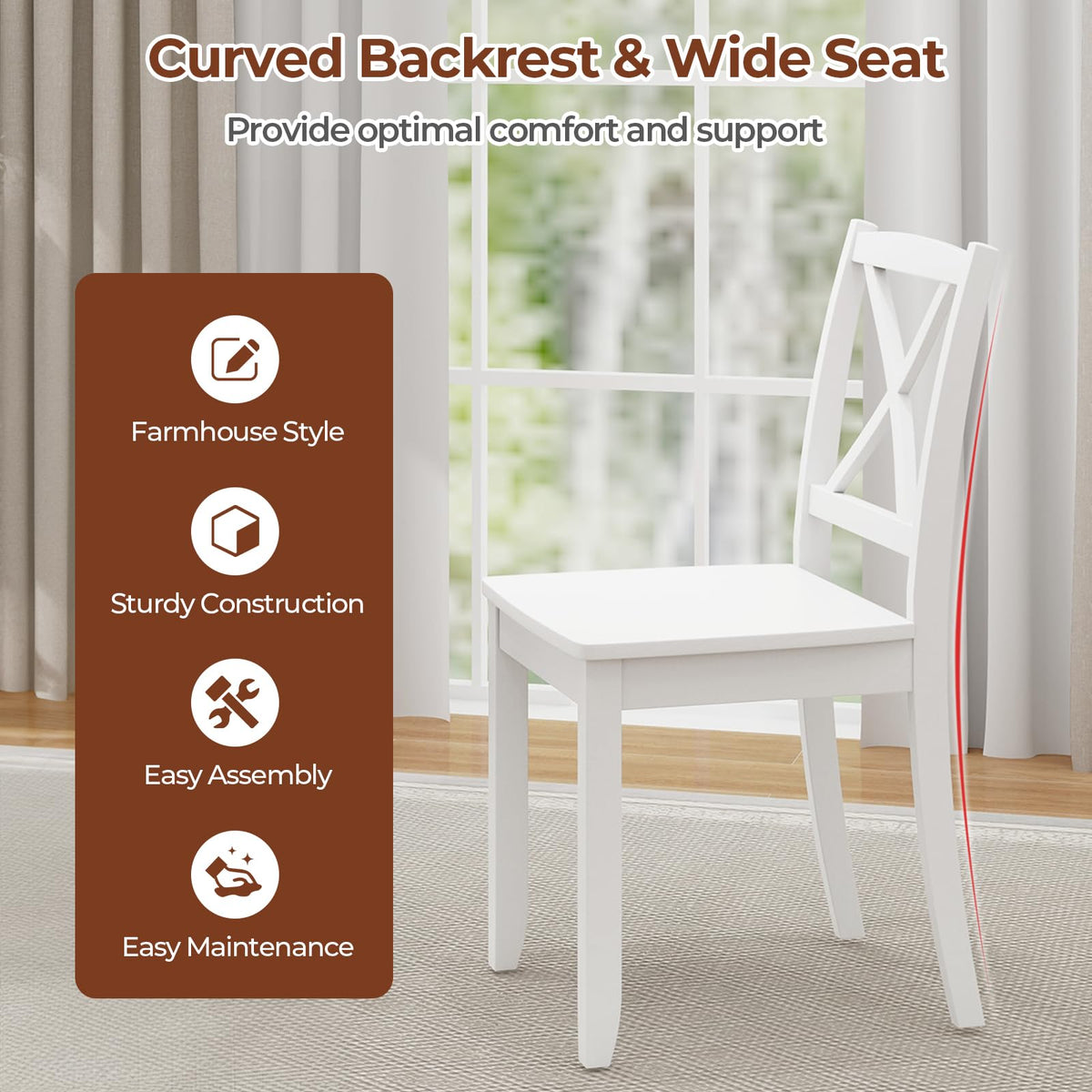 Wood Dining Chairs Set of 4 White, Armless Kitchen Chair w/Rubber Wood Legs & Curved Backrest, Farmhouse Cross Back