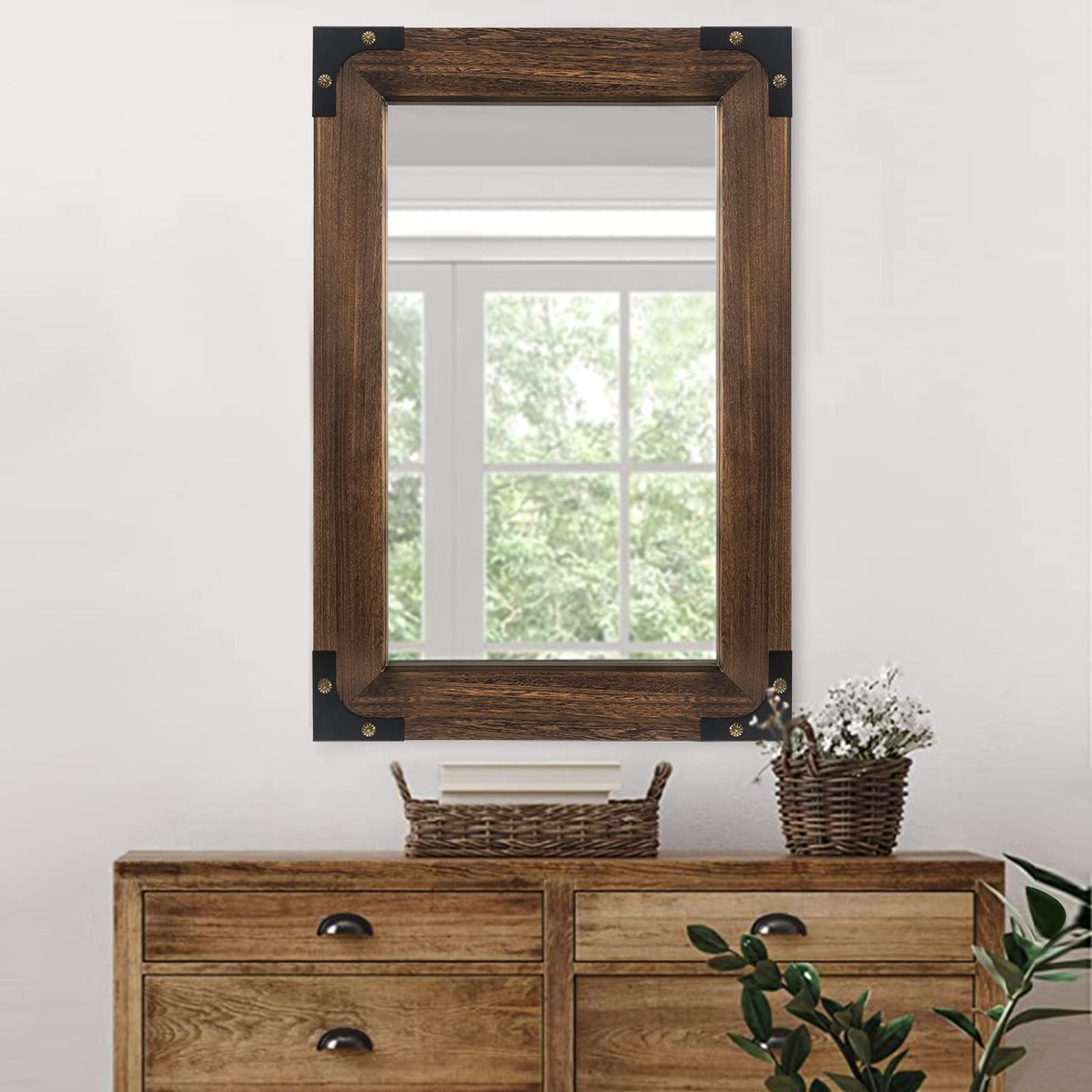Rustic Rectangle Bathroom Mirror 20x28 Inch Wood & Iron, Iron