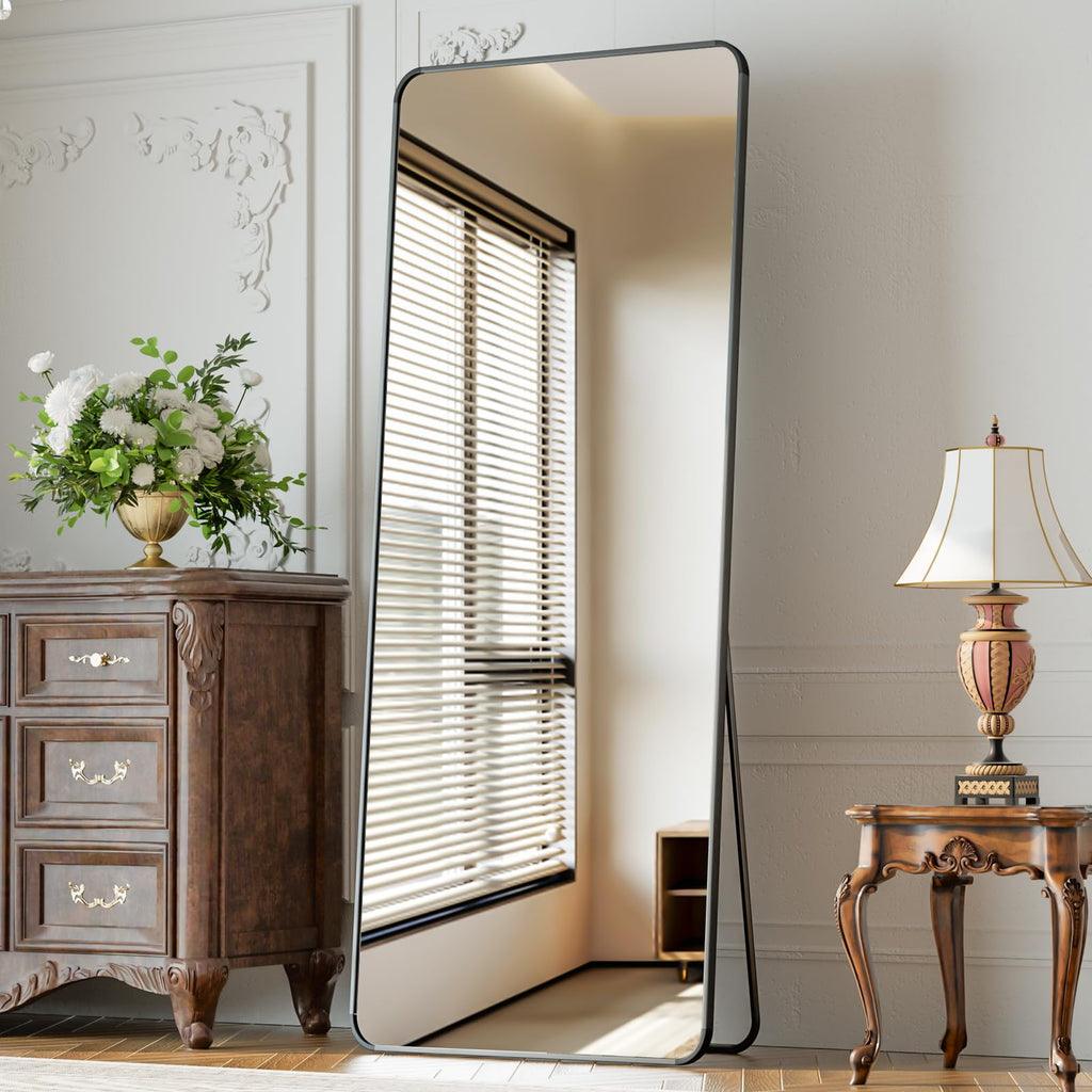 65"x24" Floor Full Length Mirror Standing Full Body Rounded Corner Rectangle Mirrors with Stand Hanging Wall Mounted