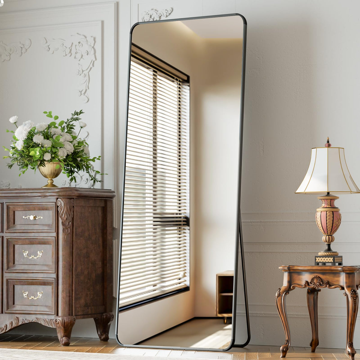 65"x24" Floor Full Length Mirror Standing Full Body Rounded Corner Rectangle Mirrors with Stand Hanging Wall Mounted