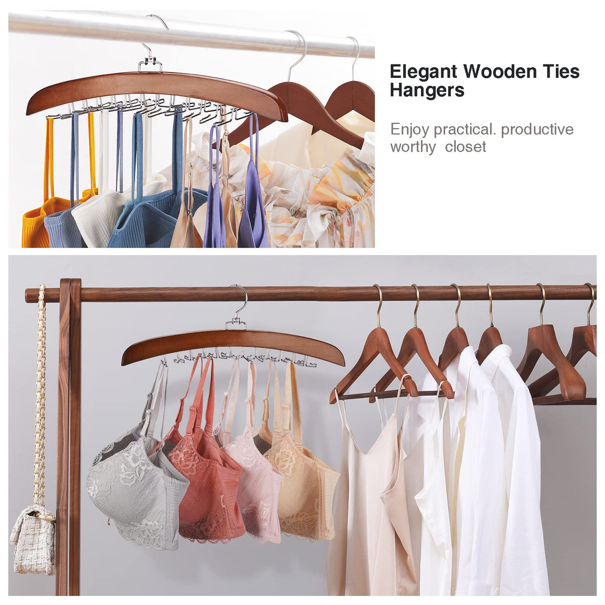 Tie Rack 2Pcs Tie Racks for Men Closet 24 Hooks, Wooden Tie Organizer with Upgraded 360°Rotating, Scarves Accessories