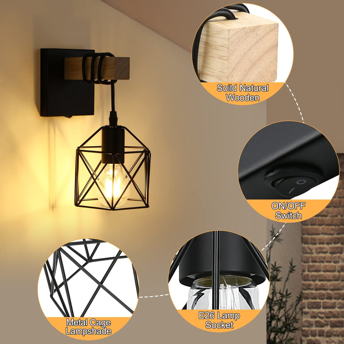Black Cage Industrial Wall Sconce with ON/Off Switch Set of 2