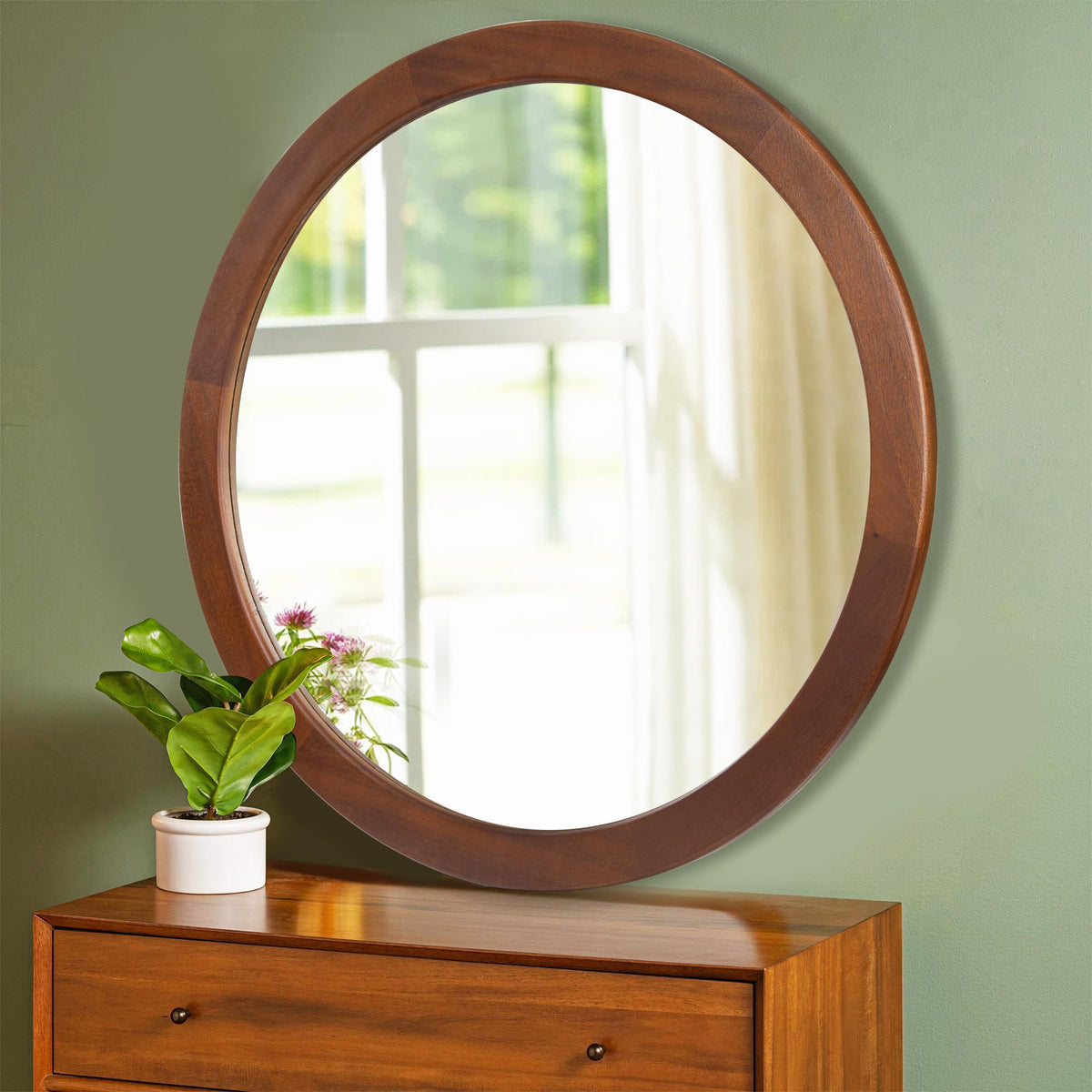 Round Mirror 36 Inch,Wood Rustic Bathroom Wall Mirror with Walnut Frame