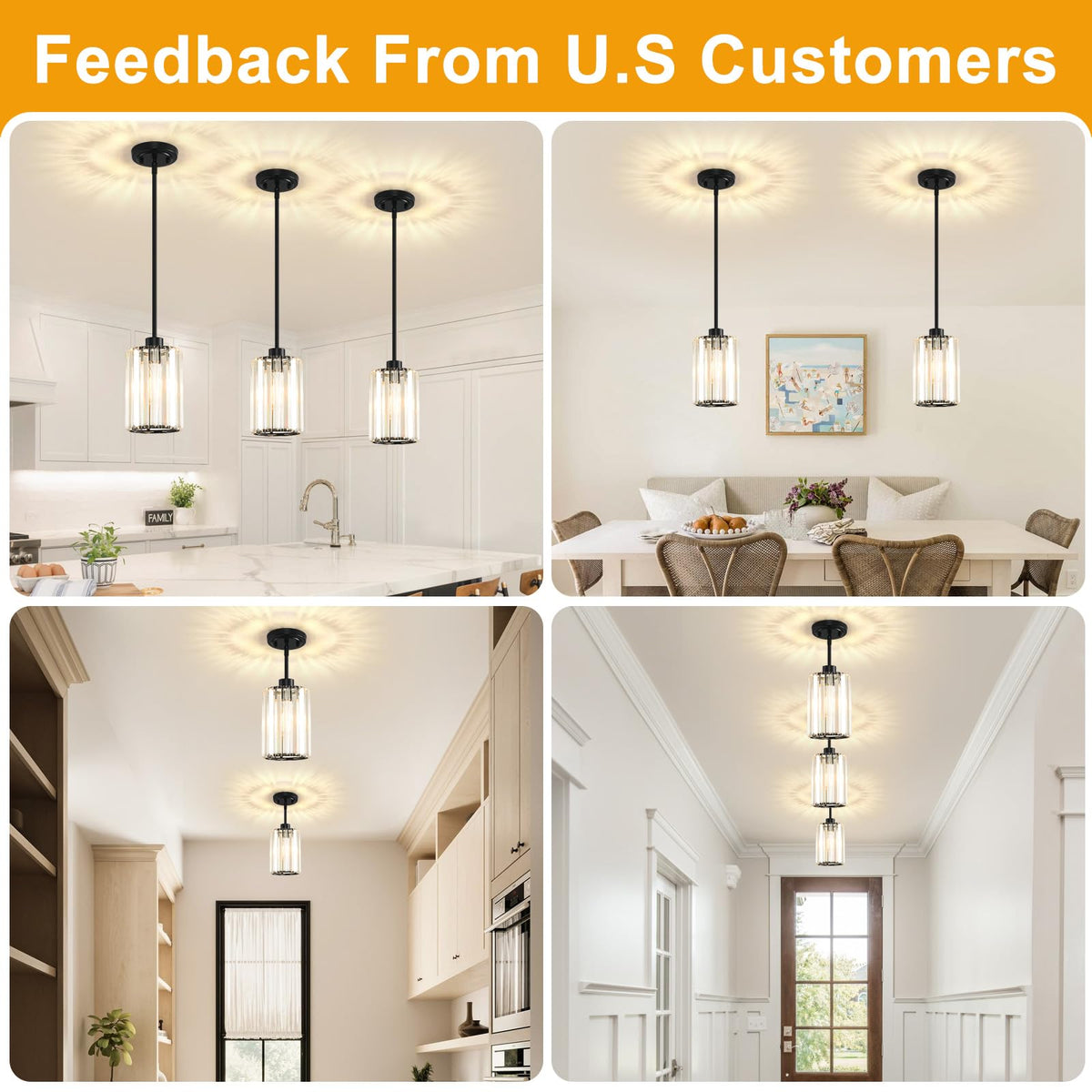 3 Pack Pendant Lights Kitchen Island, Modern Black Pendant Light Fixtures, Mini Chandelier Crystal Kitchen Island