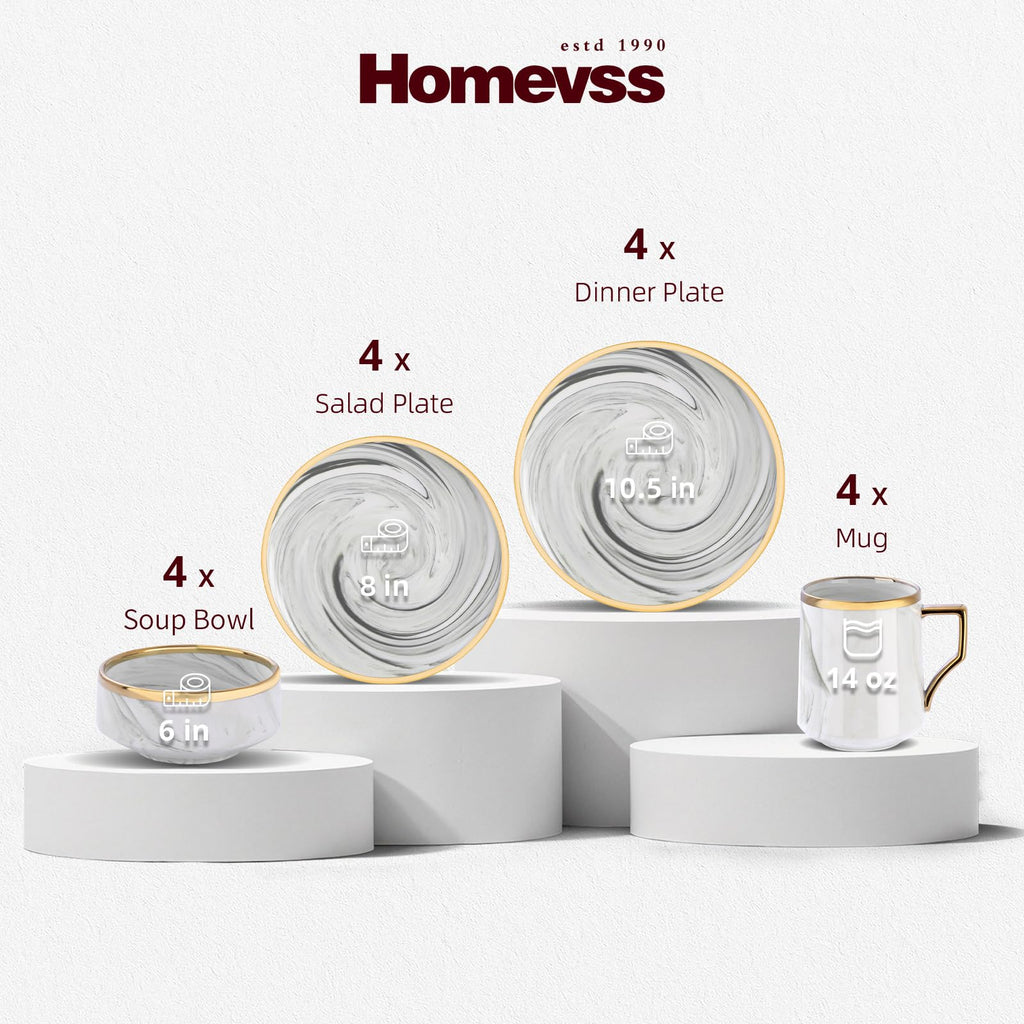 16 Piece Plates and Bowls Sets, Fine China Artisan Marbled Dinner Set for 4, Dishwahser Safe, Scratch Resistant, Grey