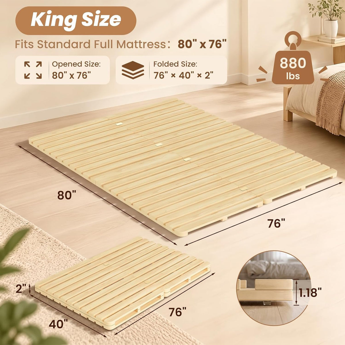 Foldable Floor Bed Frame, Solid Wood Tatami Bed Frame