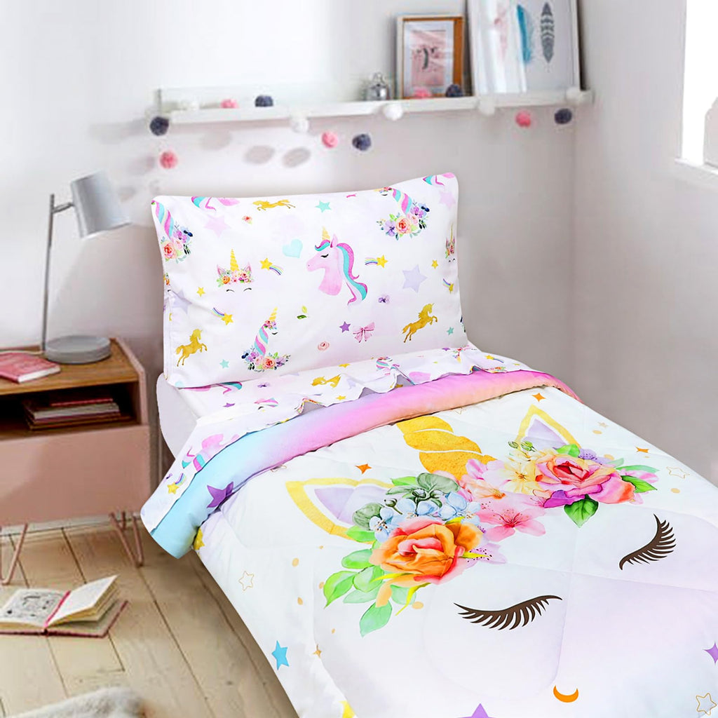 Toddler Bedding Sets for Girls, Unicorn Toddler Crib Bedding Set 4 Piece Pink Floral Toddler Comforter Set Includes