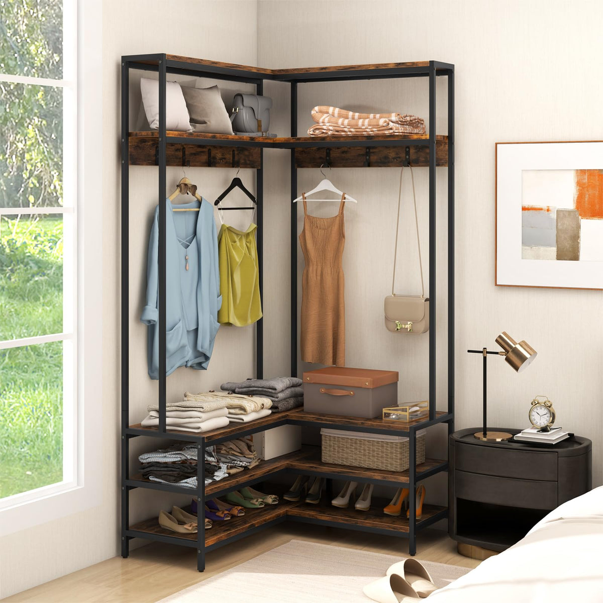 Corner Hall Tree, 70 Inch Coat Rack with Bench and Shoe Storage, Entryway Furniture with 7 Hooks, Heavy Duty Metal