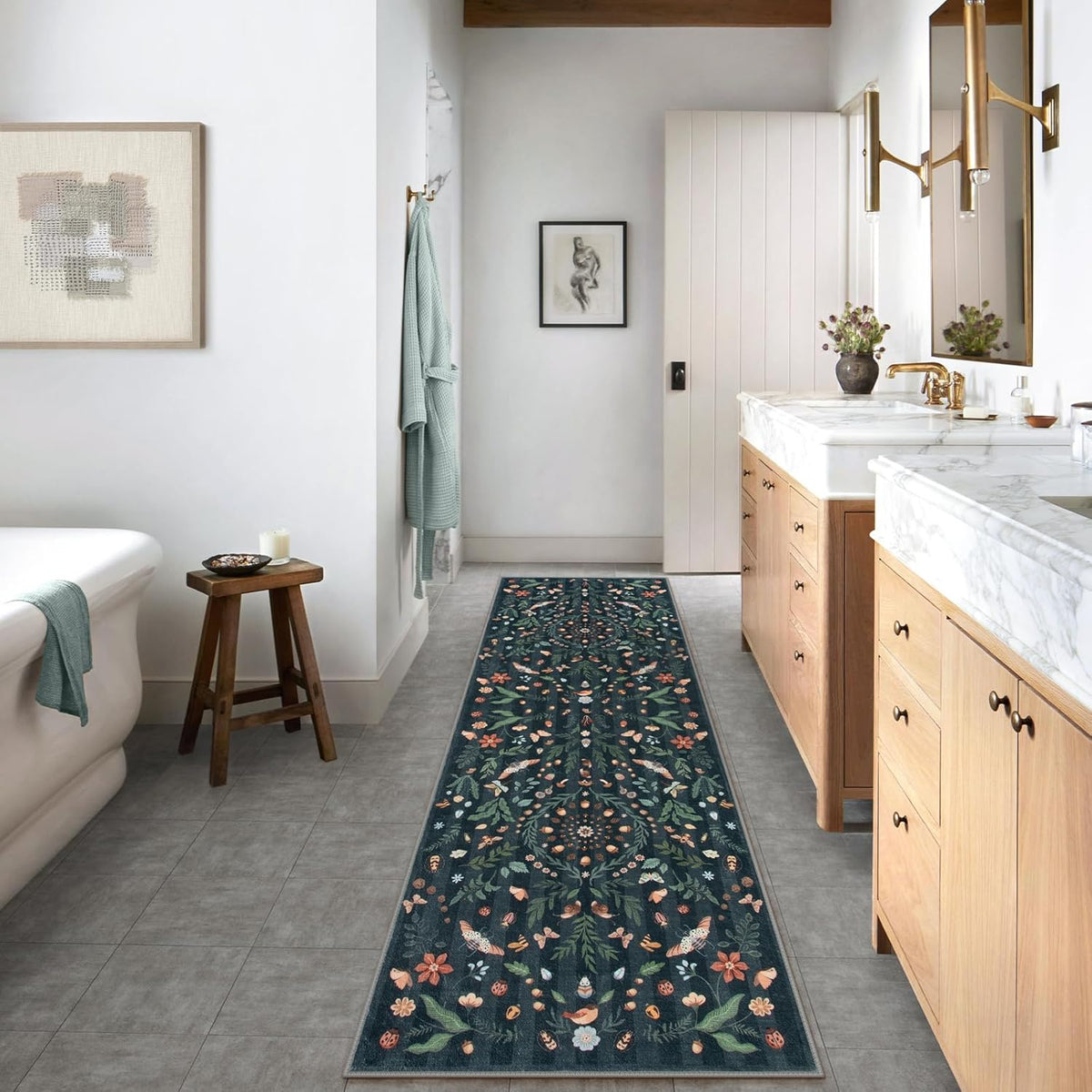 Insect Botanical Black Runners for Hallways, Non Slip Washable Kitchen Bathroom Carpet Runner,Soft Non Skid