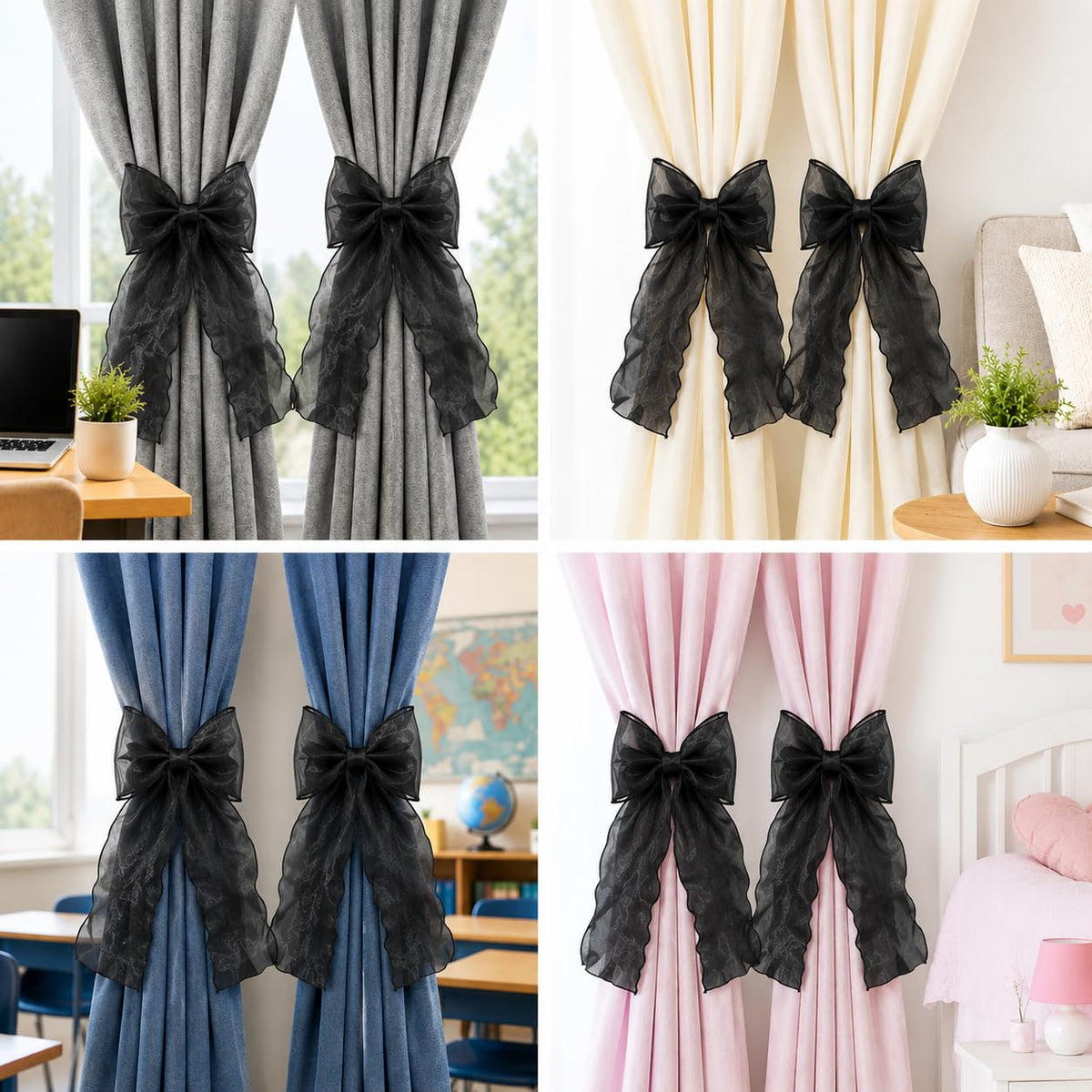 Strong Magnetic Black Bow Curtain Tiebacks, Coqueta Lace Ribbon Curtain Holdbacks, Adjustable Drapery Clips - 2PCS