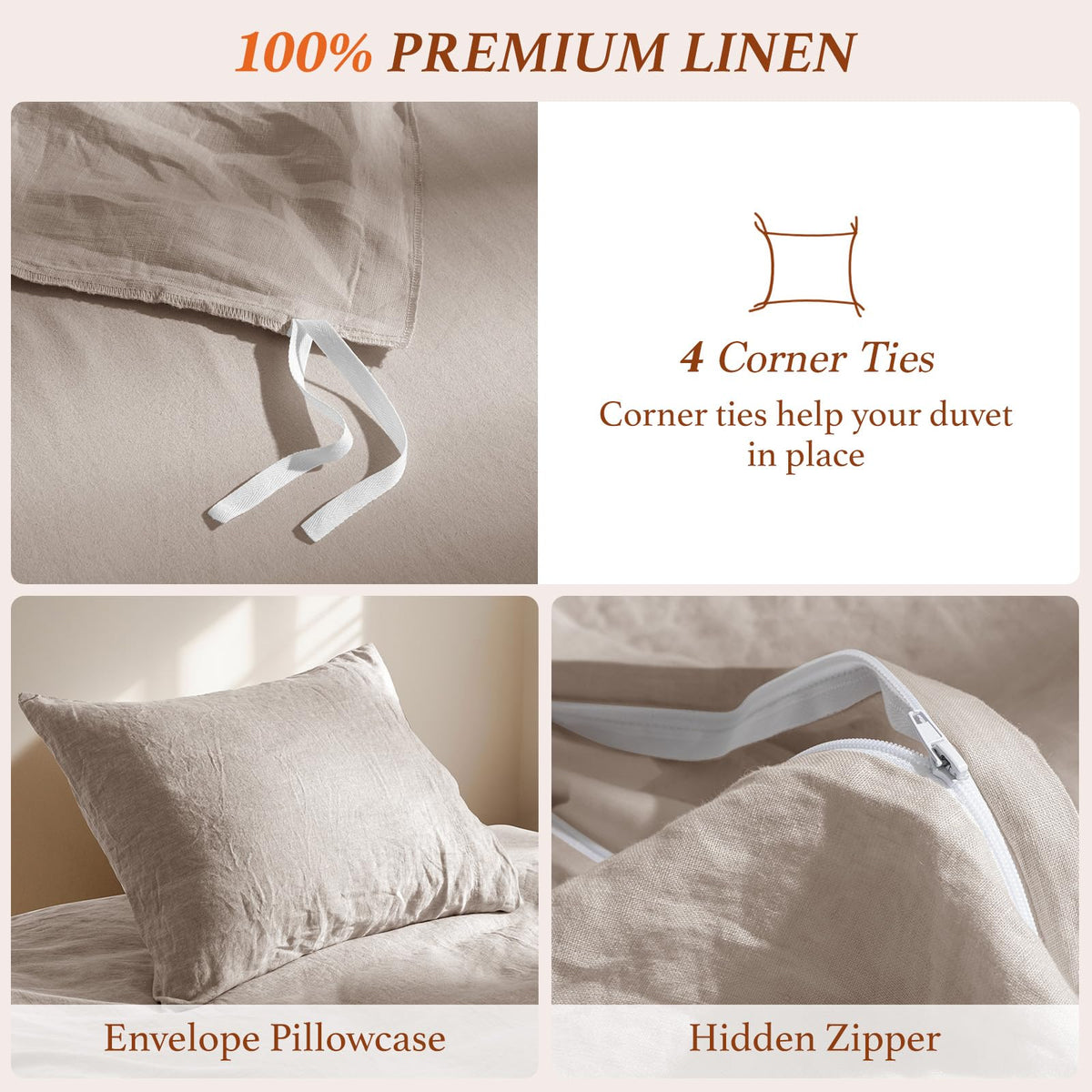 100% Pure Linen Duvet Cover Set 3 Pcs Soft Comforter Cover Sets