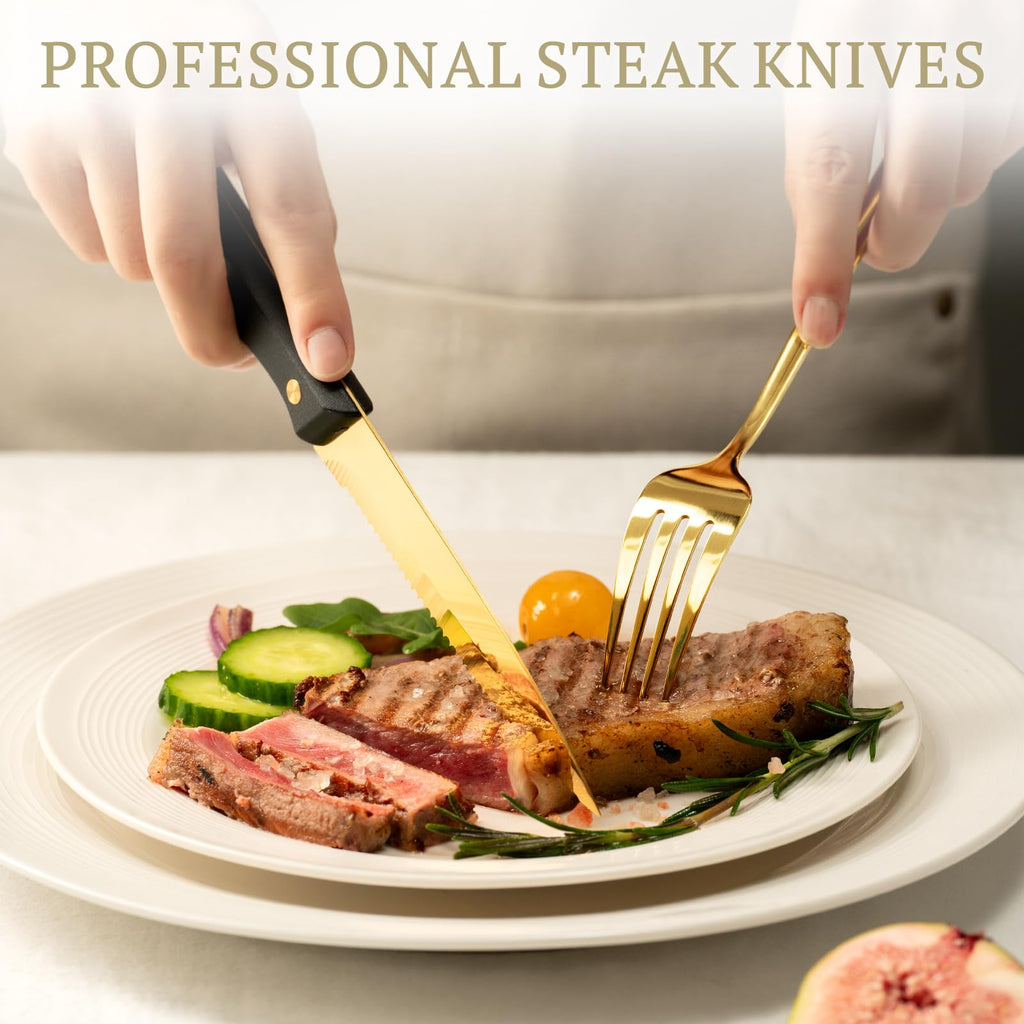 Silverware Set 48-Piece Gold Flatware Set with Steak Knives Food-Grade Stainless Steel Cutlery Set for 8 Mirror
