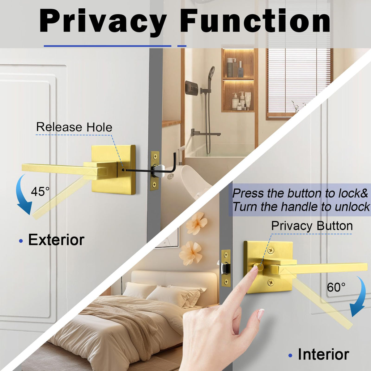 1 Pack Gold Privacy Door Handles Square Keyless Door Lever, Interior Door Handle , Modern Door Handle Sets Stainless