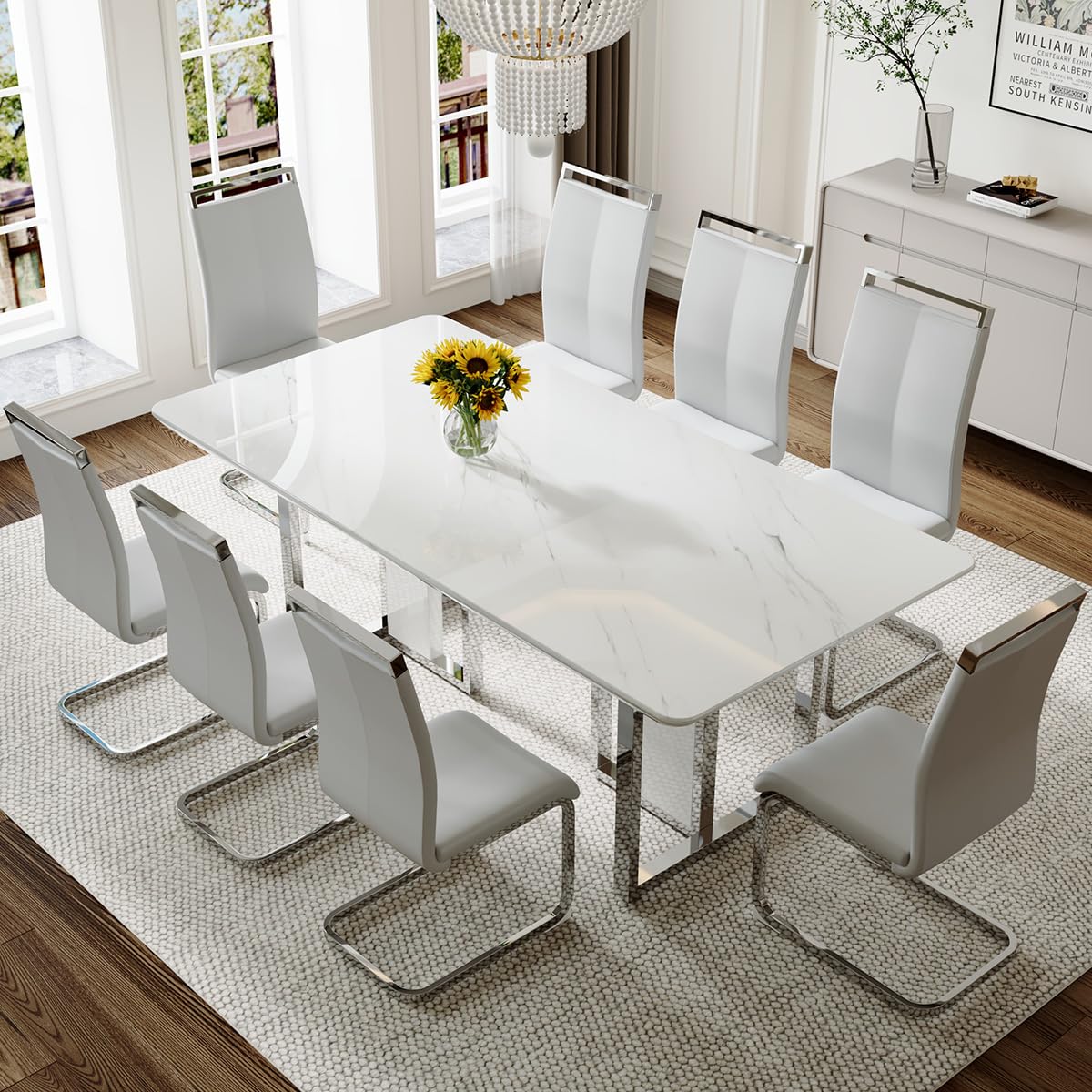 79" White Marble Dining Table Set for 8
