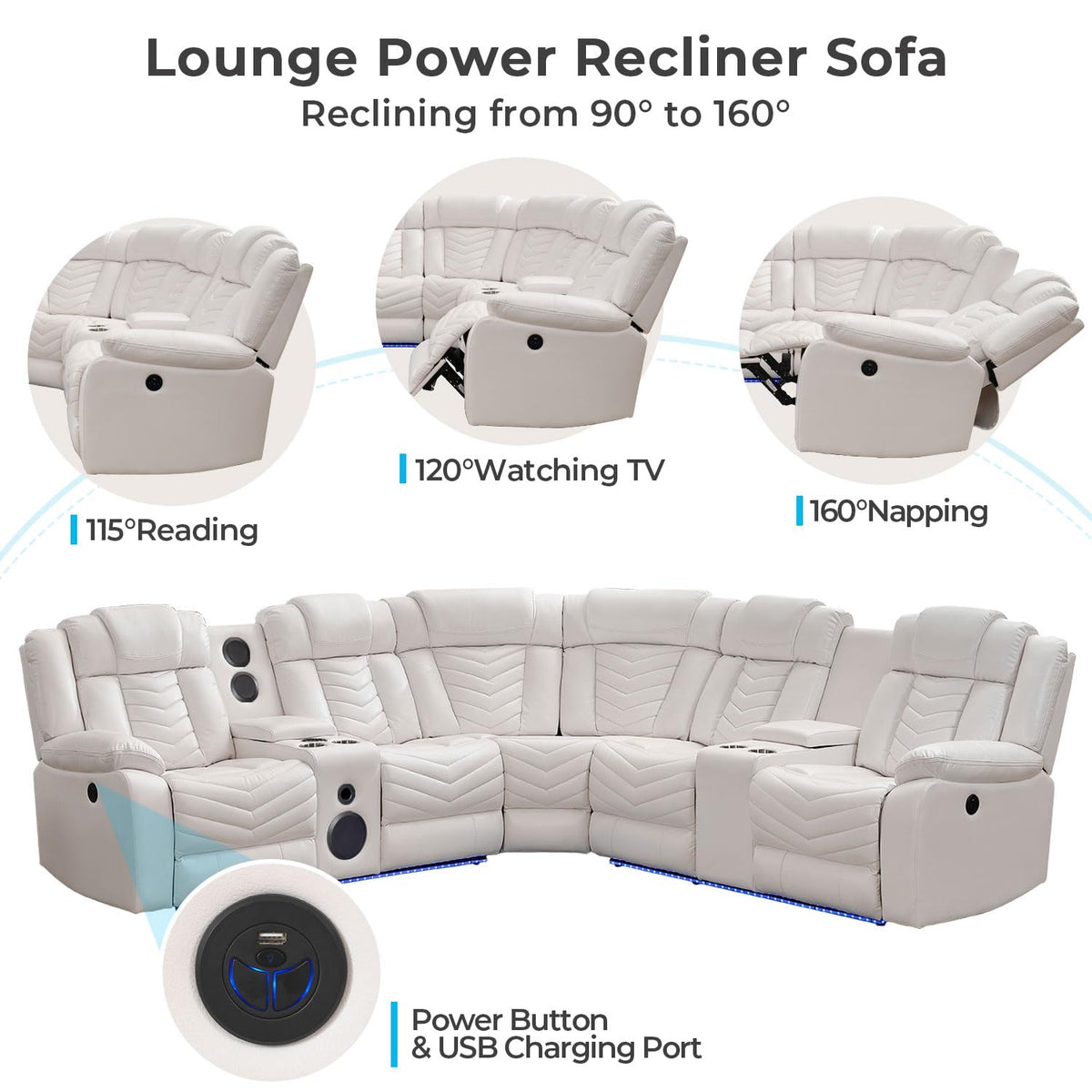 Power Recliner Sectional Sofa Couches with Bass Speakers, Faux Leather Reclining Corner Sectionals Sofa Couch Sets