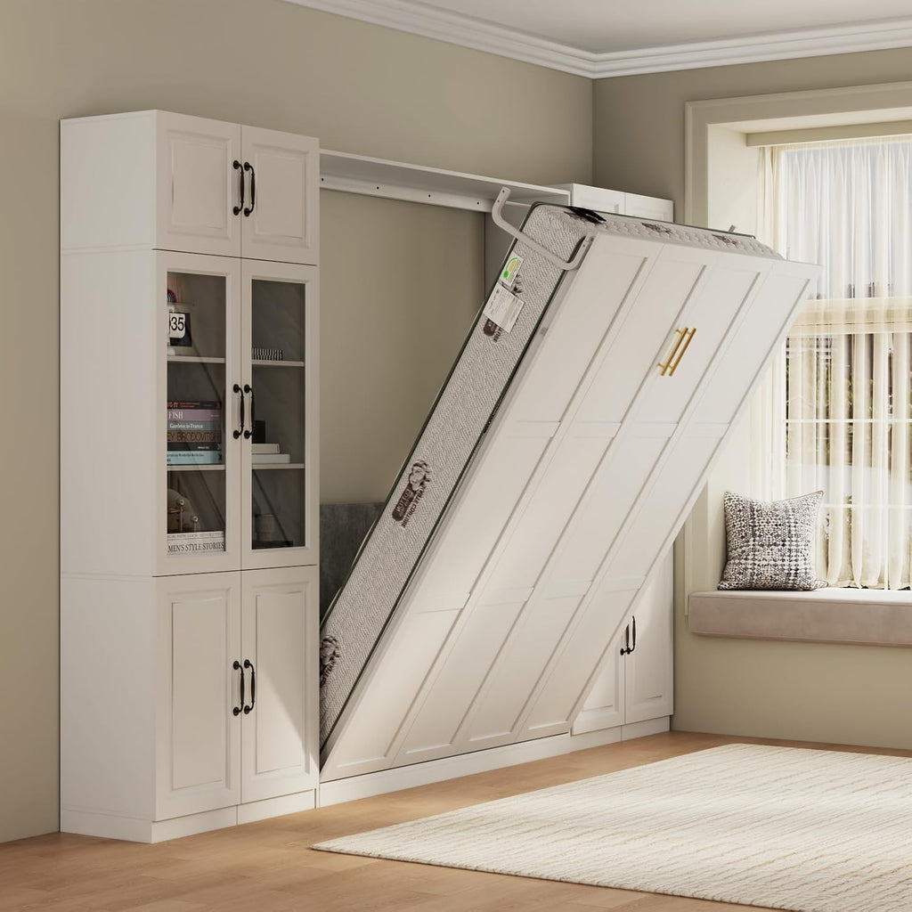 Farmhouse Murphy Bed Queen, 85" Wall Bed Folds to Save Space, Concealed Bed Frame with 2 Glass Storage Cabinets and Wall Mounted Features for Apartment/Office/Guest Room