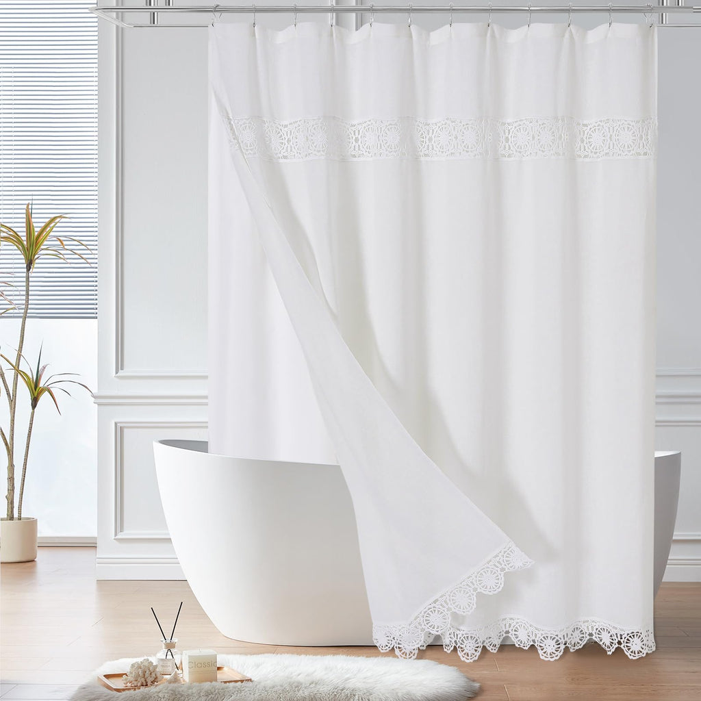 Linen Boho Lace Shower Curtain Liner Set 72x72