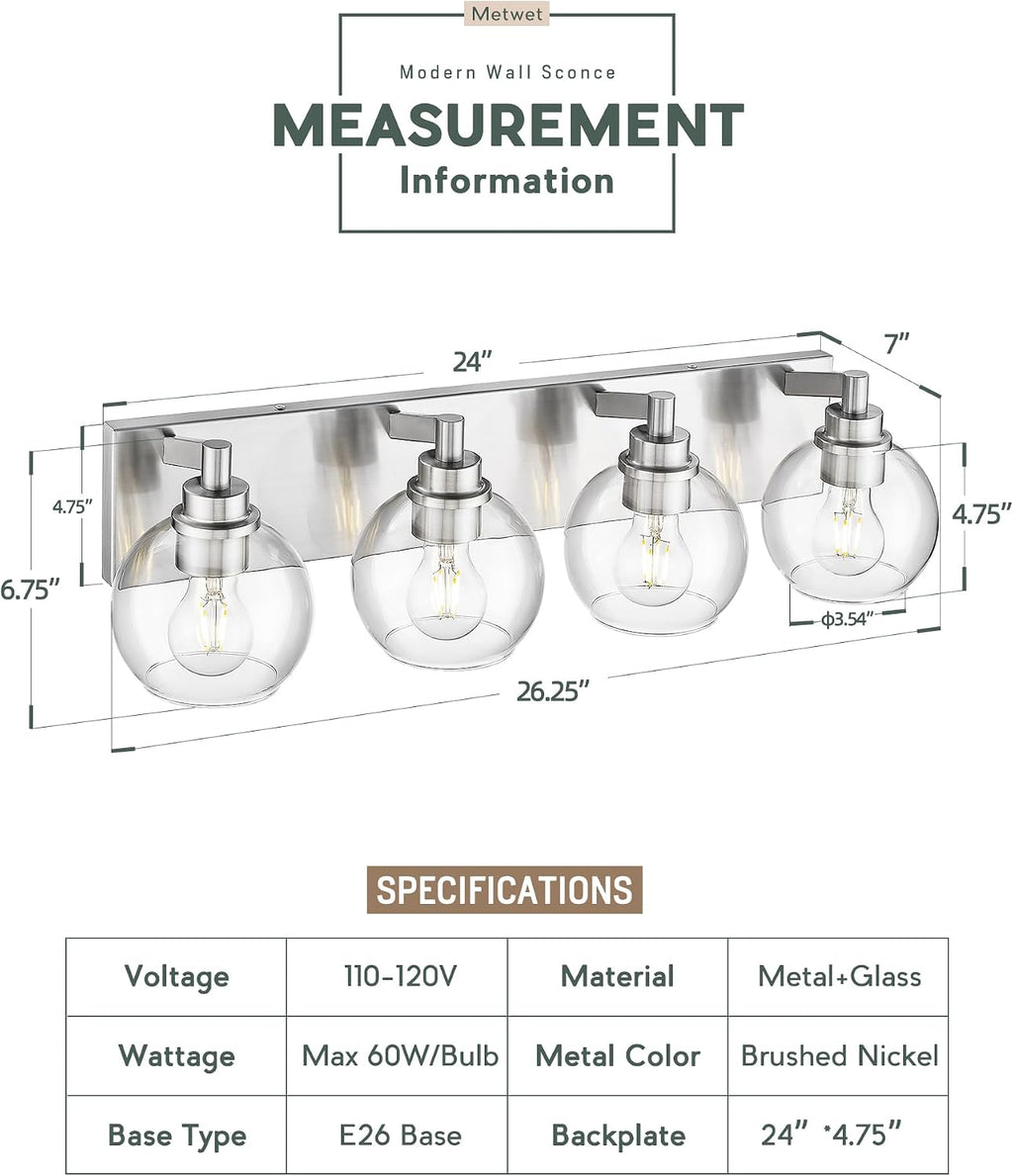 4-Light Brushed Nickel Bathroom Vanity Light, Clear Glass Globes | 26" modern bathroom light fixtures over mirror