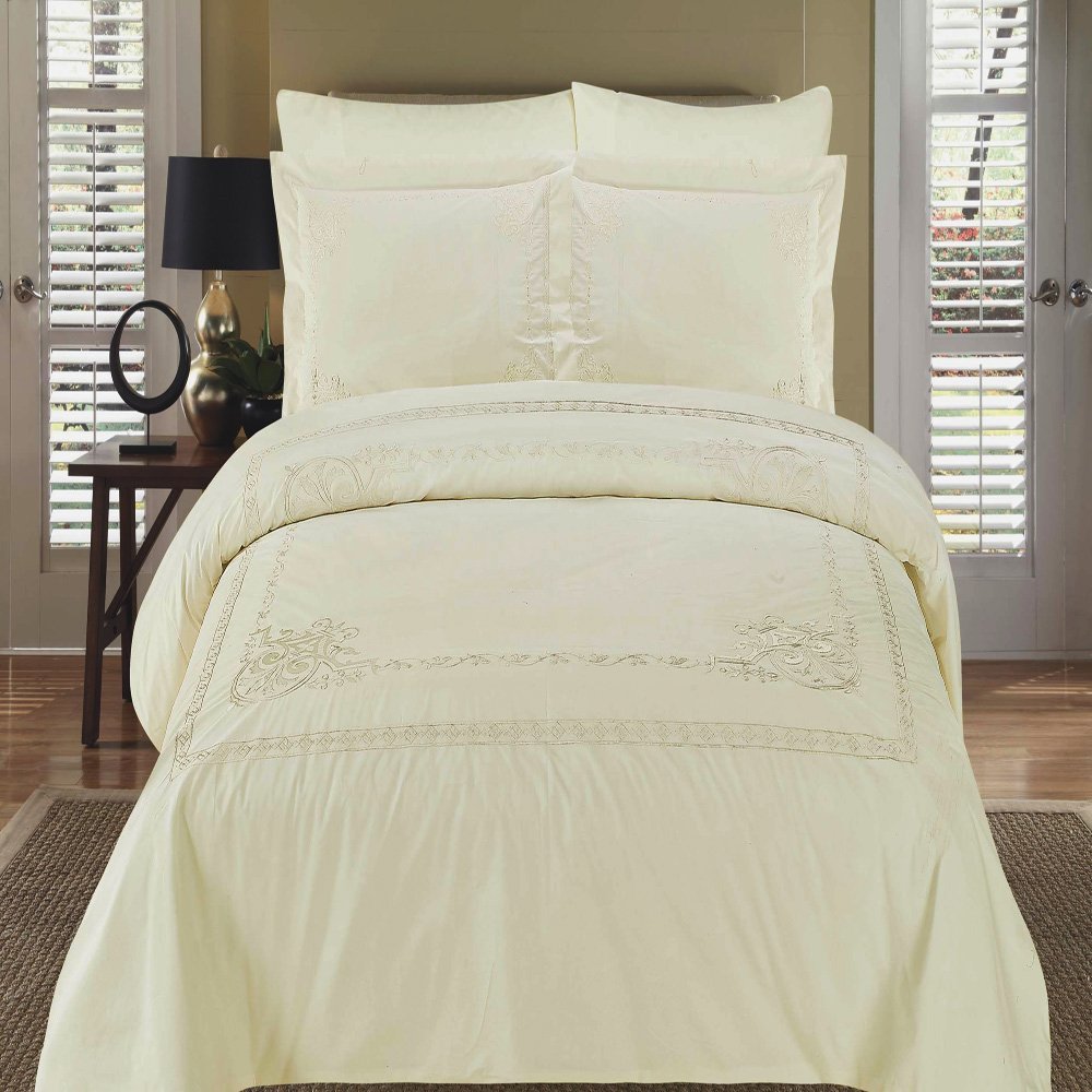 Bedding Athena Ivory Embroidered 3 Piece King/California King Duvet Cover Set 100% Cotton 300 Thread Count