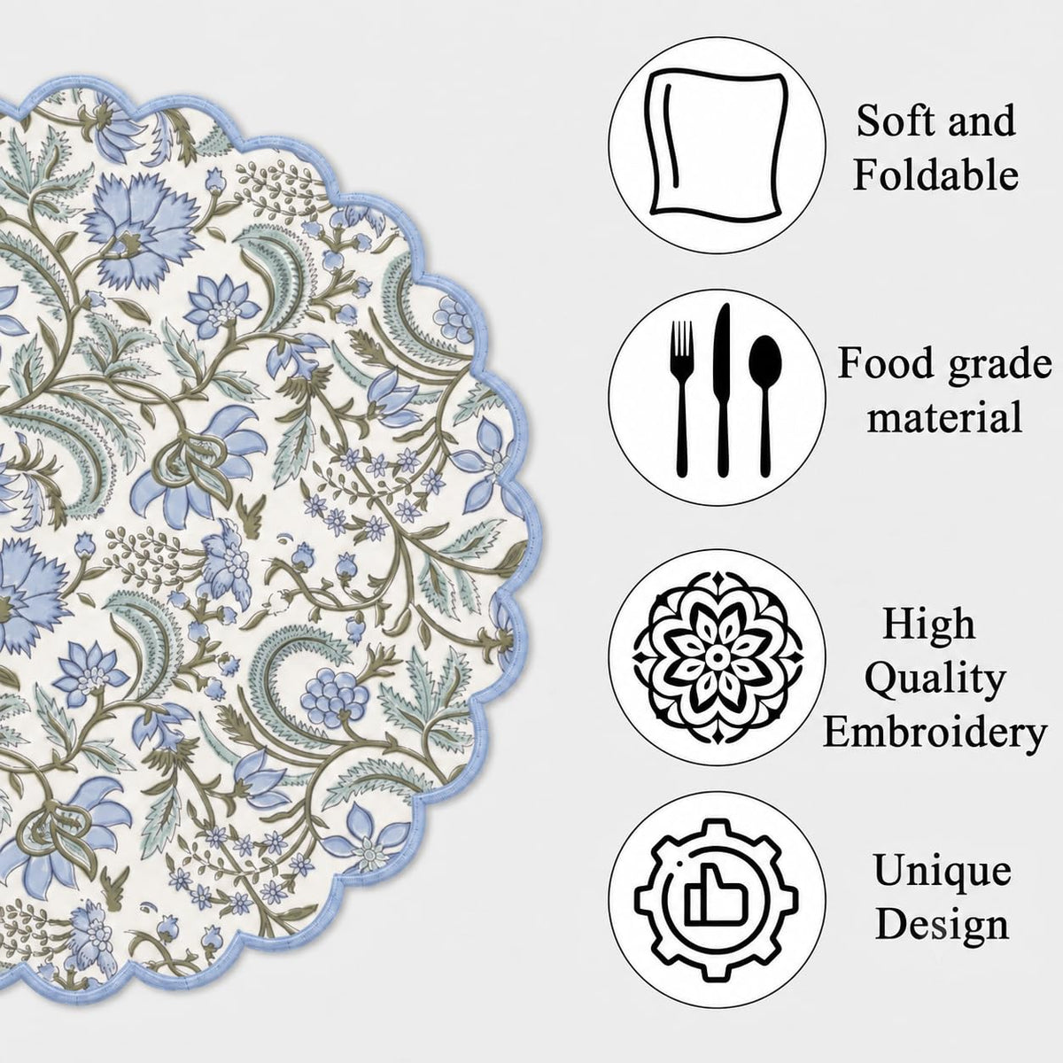 Floral Block Print Round Placemats 15 Inch, Set of 4, Columbia Blue