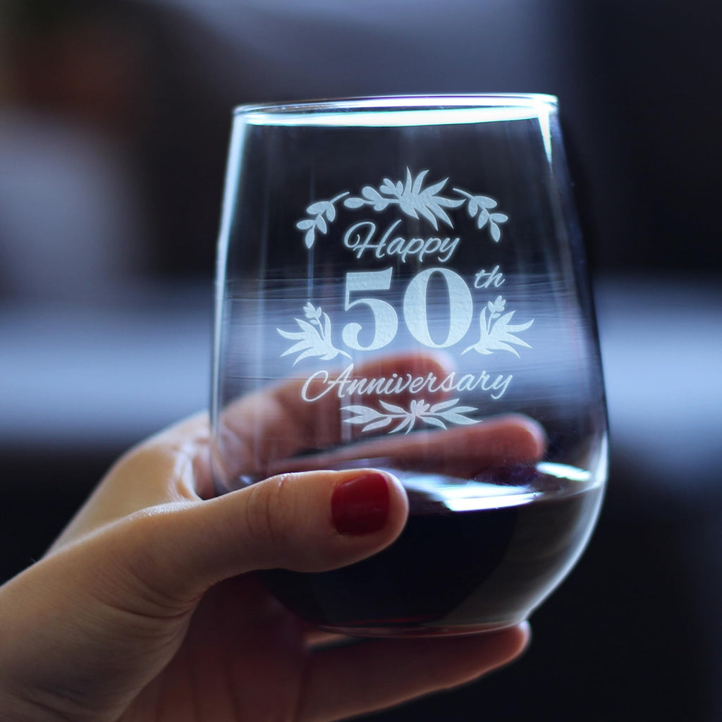 Happy 50th Anniversary Stemless Wine Glass - 17 oz - Set of 4