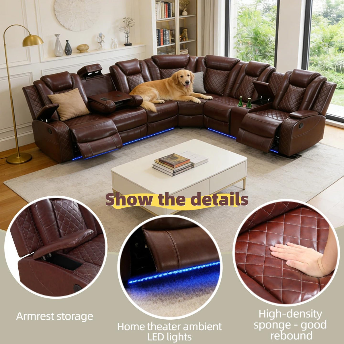 Leather Power Reclining Sectional Sofa with USB charging