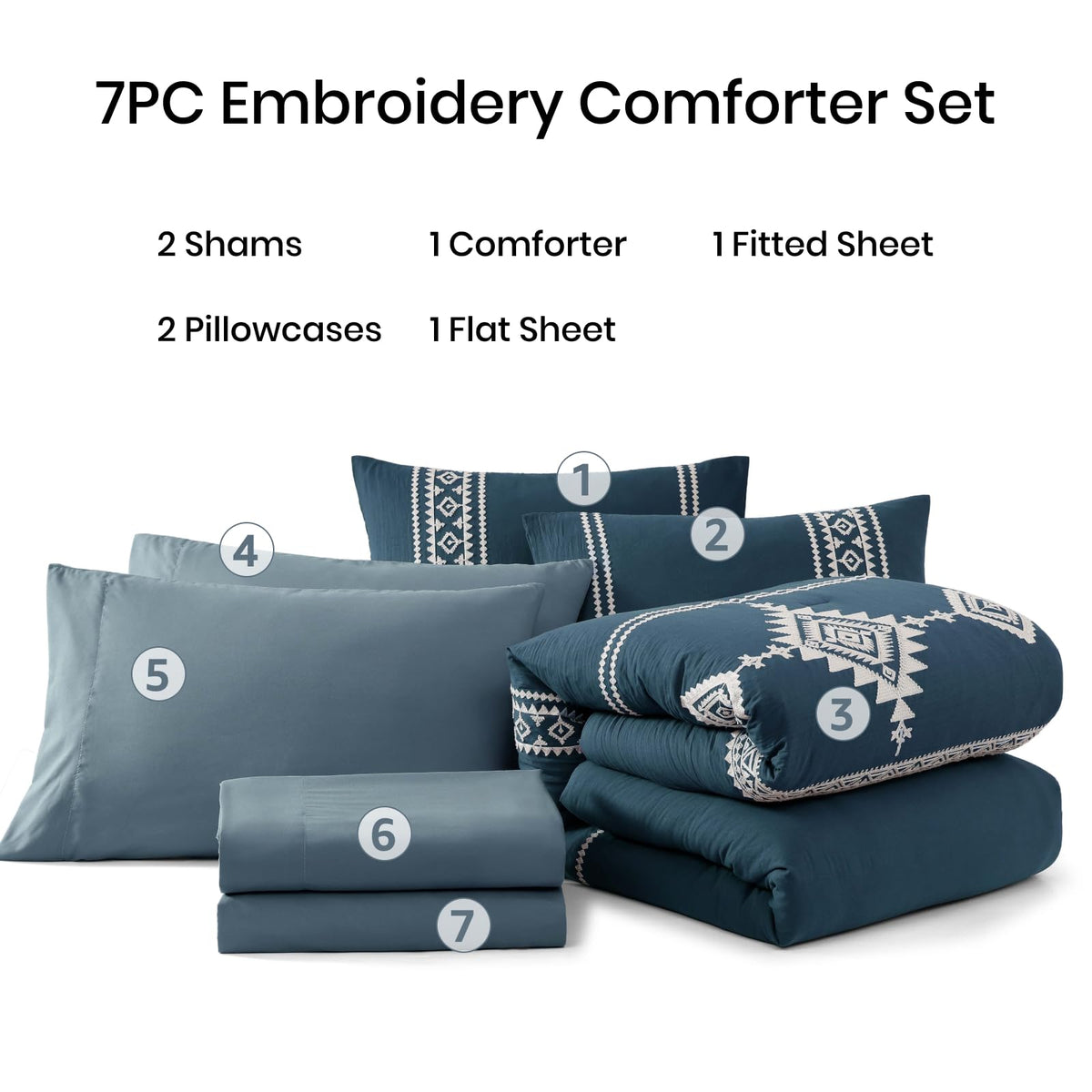 Embroidery Comforter Set 7 Pieces Navy Blue Bed in a Bag