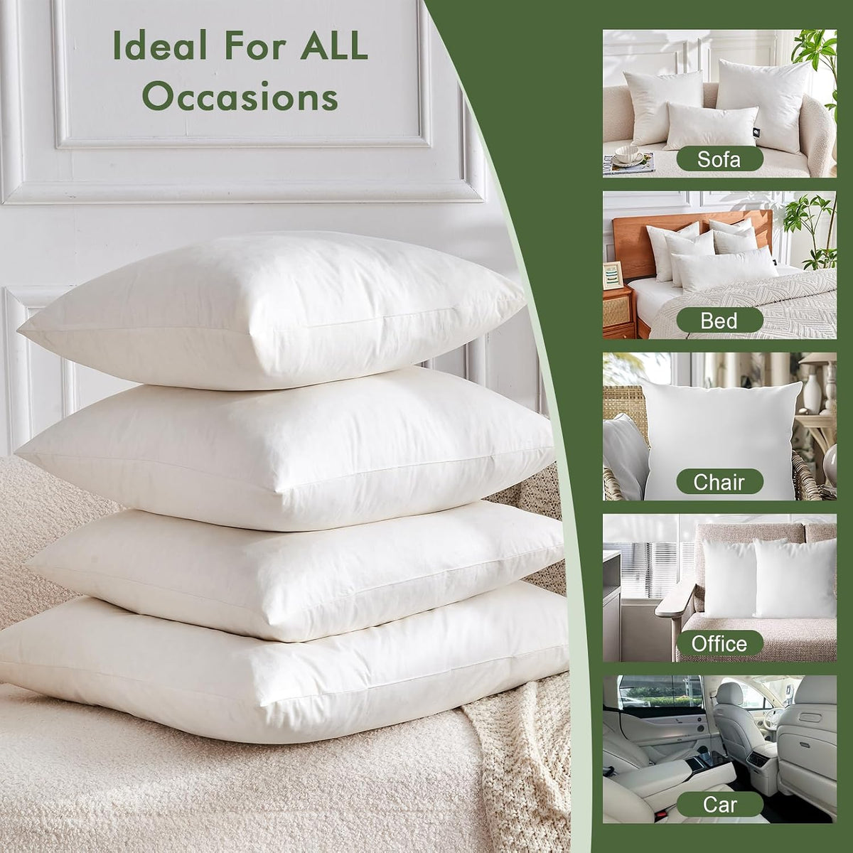 Ogranic Feathers Down Pillow Inserts 22x22, White - Set of 2