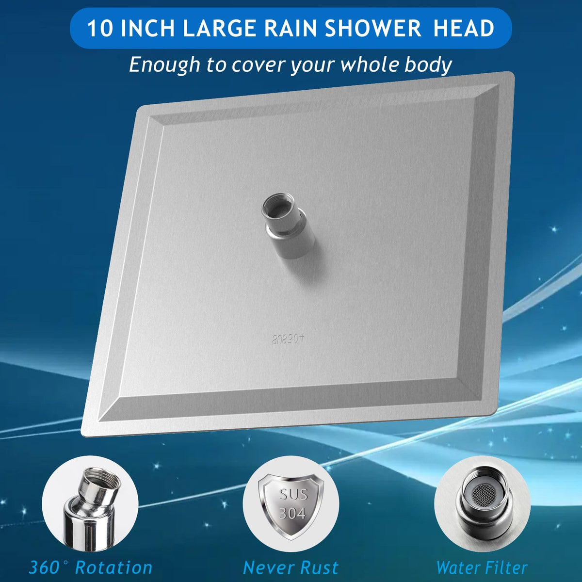 All Metal Shower Head with Extension Arm, Stainless Steel Waterfall Rainfall Showerheads, High Flow Bathroom Square