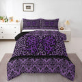 Black Purple Leopard Damask Bowknot Print Adults Comforter Set Full Size Gothic Antique Victorian Baroque Bedding Set
