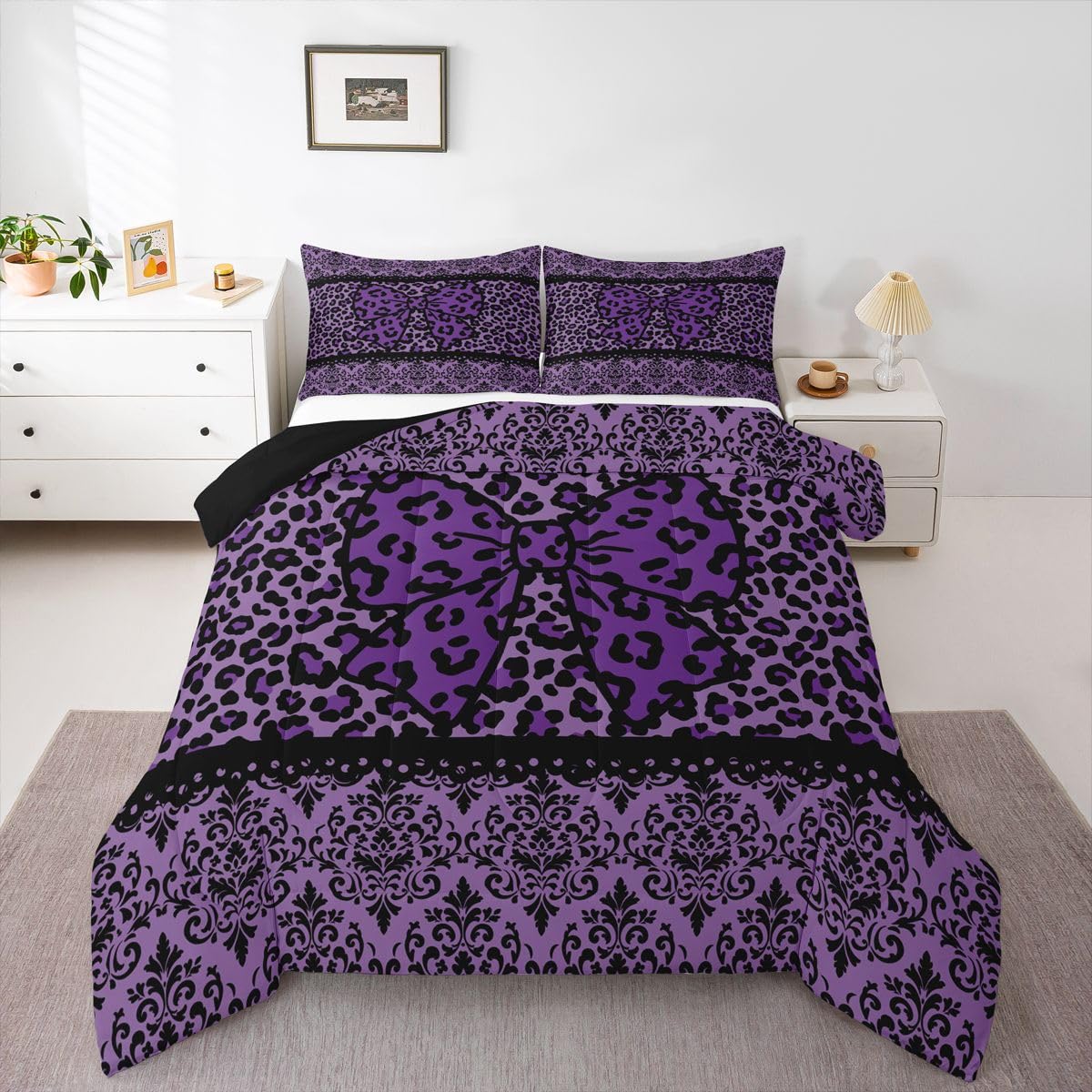 Black Purple Leopard Damask Bowknot Print Adults Comforter Set Full Size Gothic Antique Victorian Baroque Bedding Set