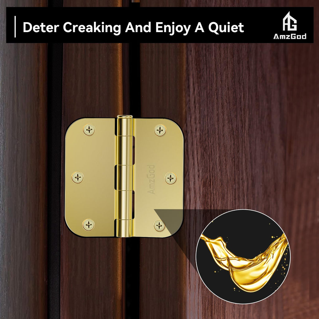 Door Hinges Polished Brass - 12 Pack Gold Door Hinges 3.5 Inch Rounded Interior Door Hinge with 5/8" Radius - 3 1/2