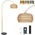 Gold Floor Lamps, Arc Floor Lamp with Remote & Dimmable Bulb, Boho Rattan Standing lamp with 3 Color Temperatures