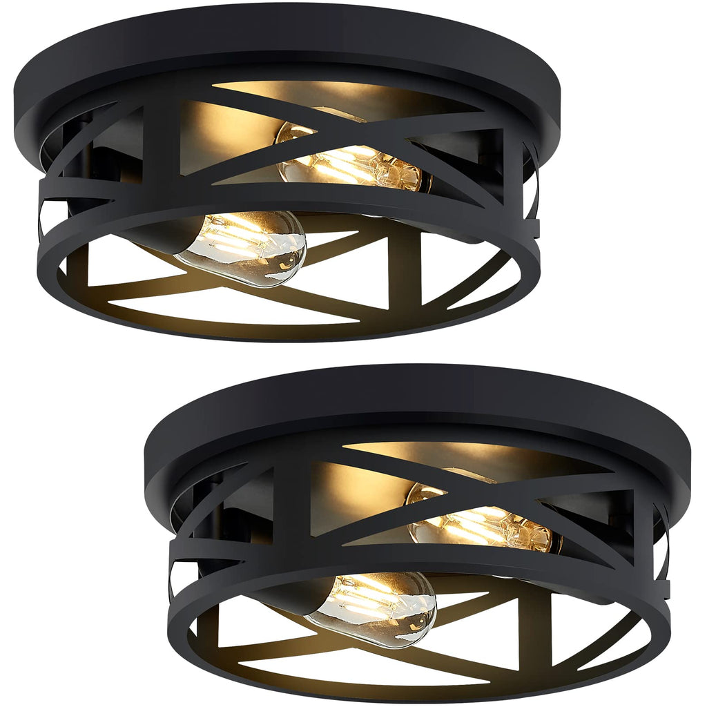 2 Pack Black Flush Mount Ceiling Light, Industrial Farmhouse Metal Cage Black Light Fixtures Ceiling Mount Entryway