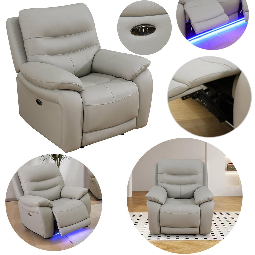 Power Reclining Sofa Set, Genuine Leather Recliner Sofa Set, Living Room Furniture Setwith USB Charging and LED