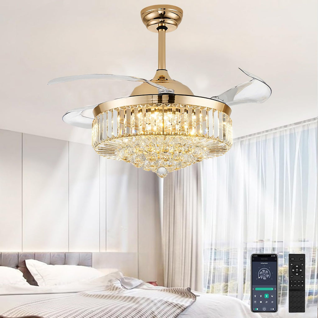 48" Gold Chandelier Retractable Ceiling Fan with Light