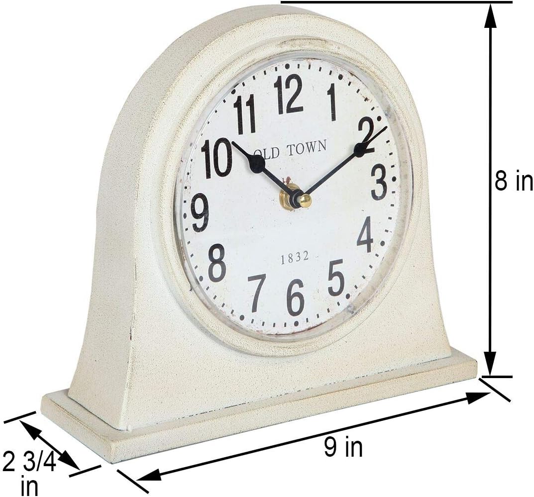 Antique Inspired Farmhouse Desk Or Mantel Clock, Battery Powered, Metal Body, Ivory