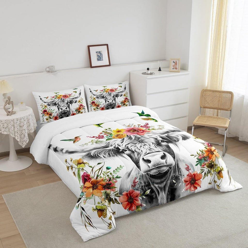 Highland Cow Floral Comforter Set Bull Cattle Flower Bedding Set Wildlife Farmhouse Cow Quilt Hummingbird