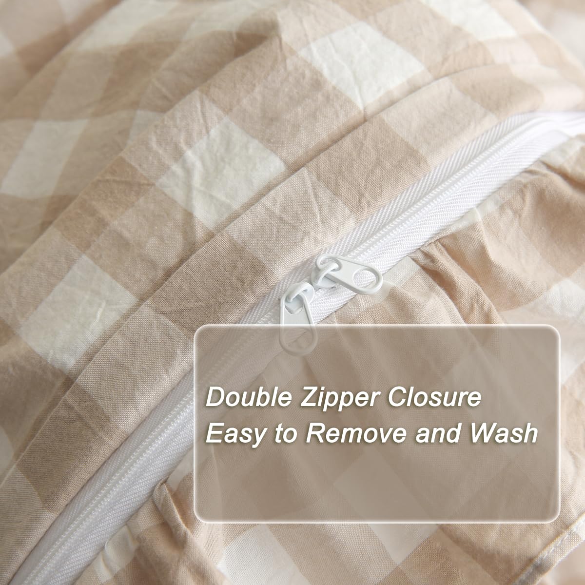 Tan Gingham Plaid Ruffle 3-Piece Duvet Cover Set