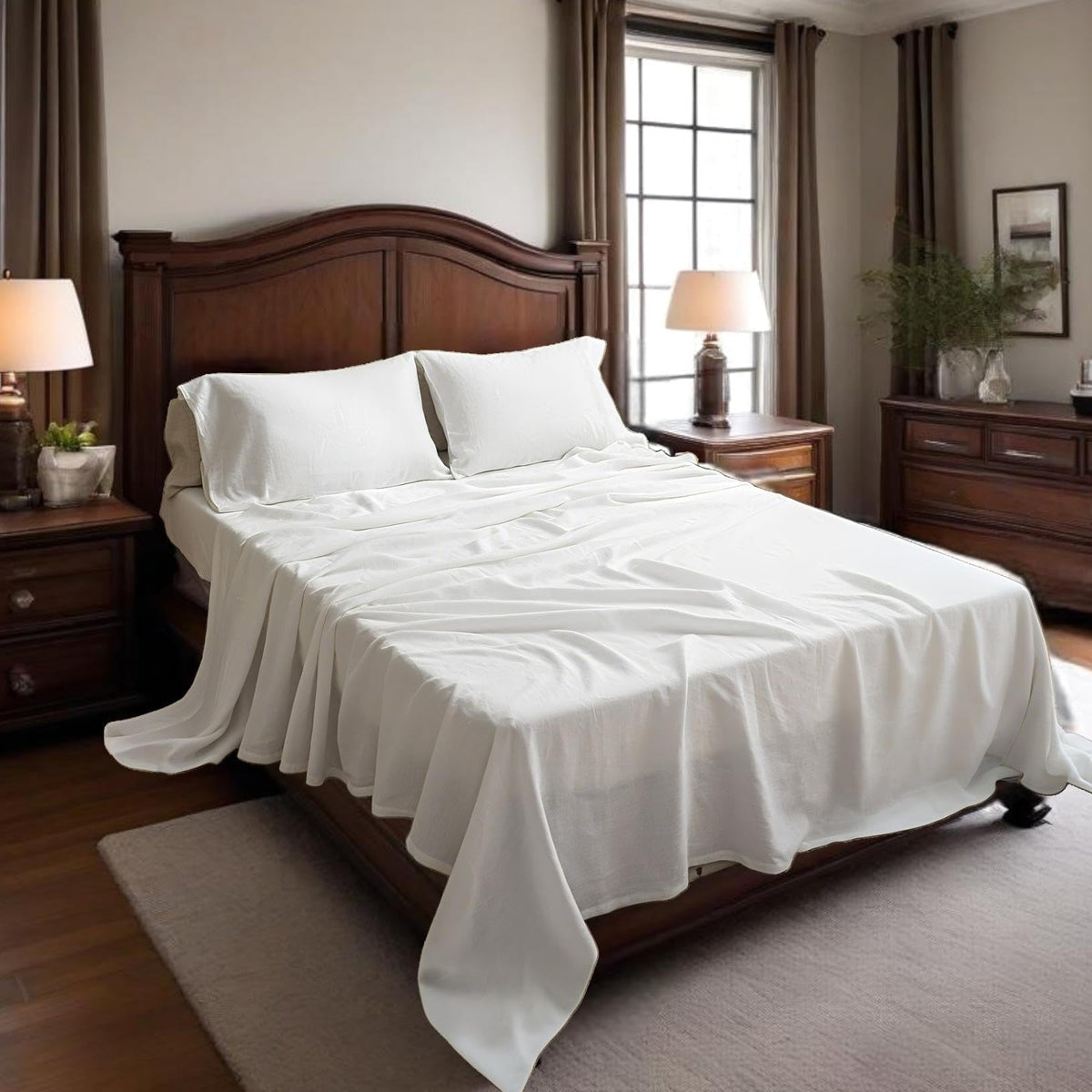 100% Linen Sheet Set Solid Color-4 Pcs Washed French Linen Bed Sheets(1 Flat Sheet, 1 Fitted Sheet, 2