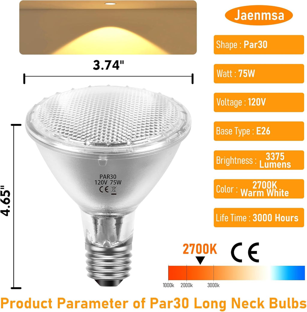 Par30 Long Neck Halogen Flood Bulbs 75W 120V, Par30 Halogen Indoor Floodlight Bulbs Outdoor E26 Dimmable 2700K Bulb 2
