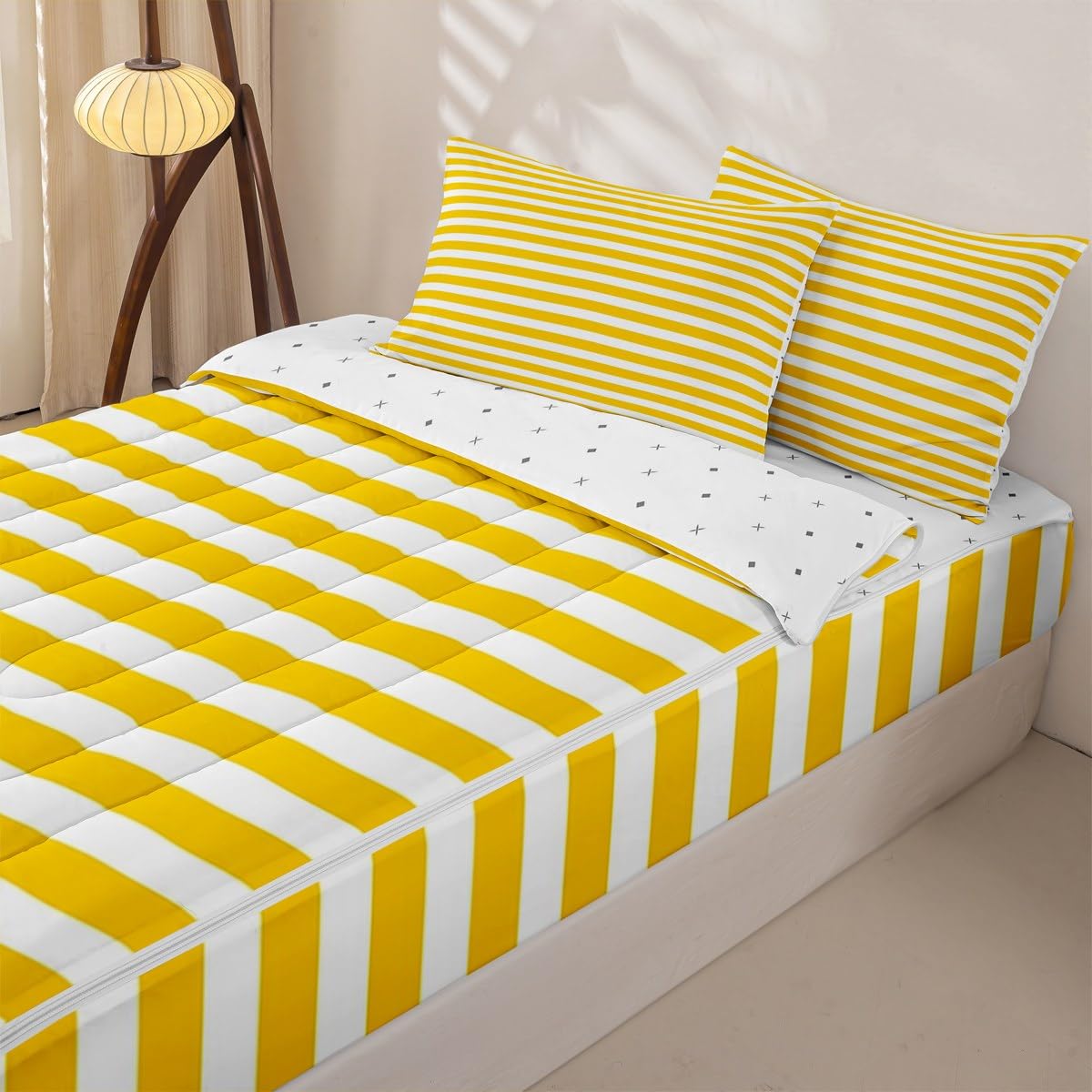 Stripe Zipper Bedding Set Yellow White Striped