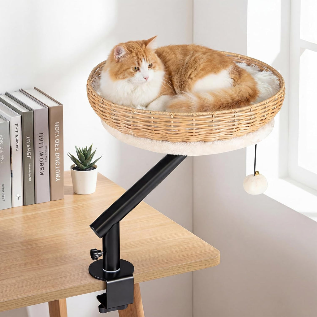Cat Desk Bed, 360° Rotatable Rattan Desk Cat Bed Attachment with Removable Padded Cushion, Hanging Jingling Ball &