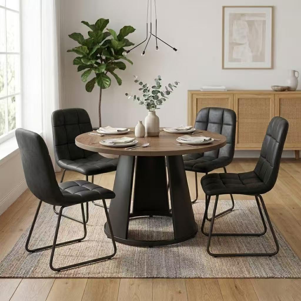 Inspired Saarinen Style 47.2" Round Dining Table Set for 4, Modern Wood Table with 4 Upholstered Leather Chairs, Metal Pedestal Base