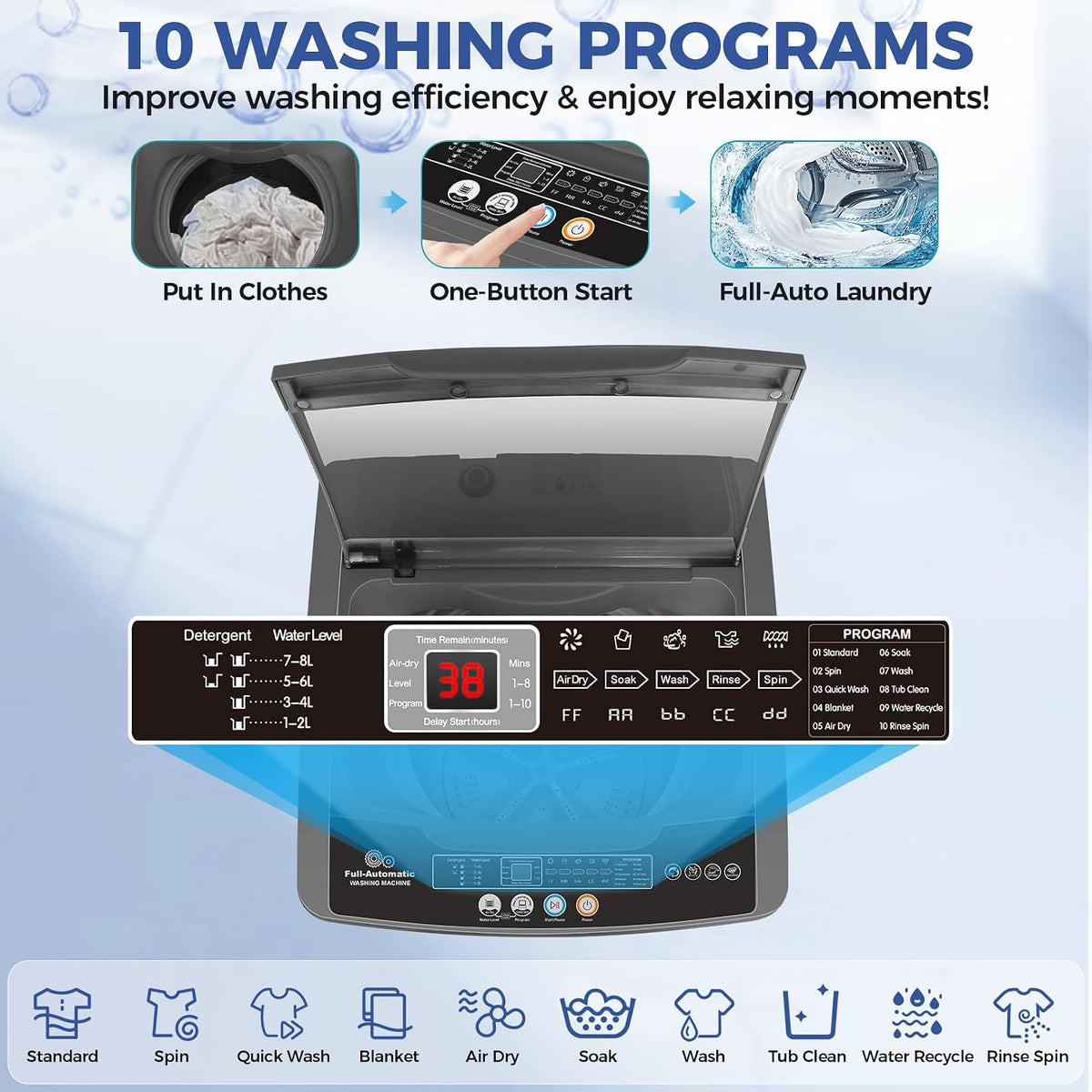 Portable Washing Machine, 20Lbs Capacity Full-Automatic Portable Washer Machine, 2.8Cu.ft Compact Laundry Machine with Drain Pump, 10 Programs & 8 Water Levels for Apartment Dorm RV