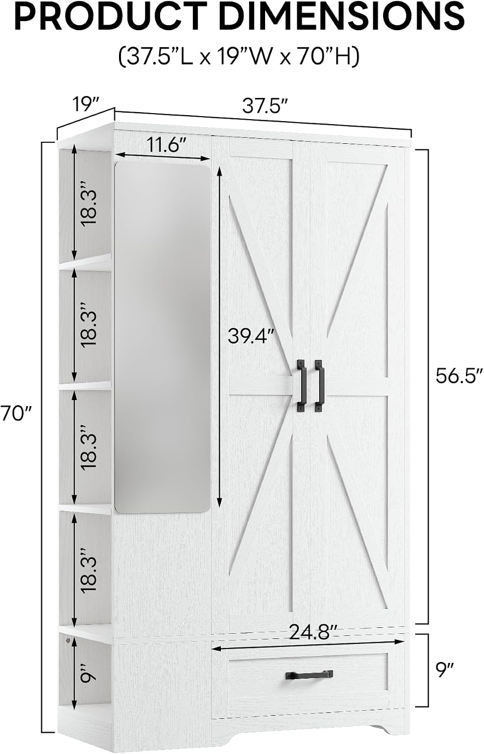 Armoire Wardrobe Closet 70 Inches, Large Storage with Mirror, 2 Doors, Drawer, and Shelves, Modern Bedroom