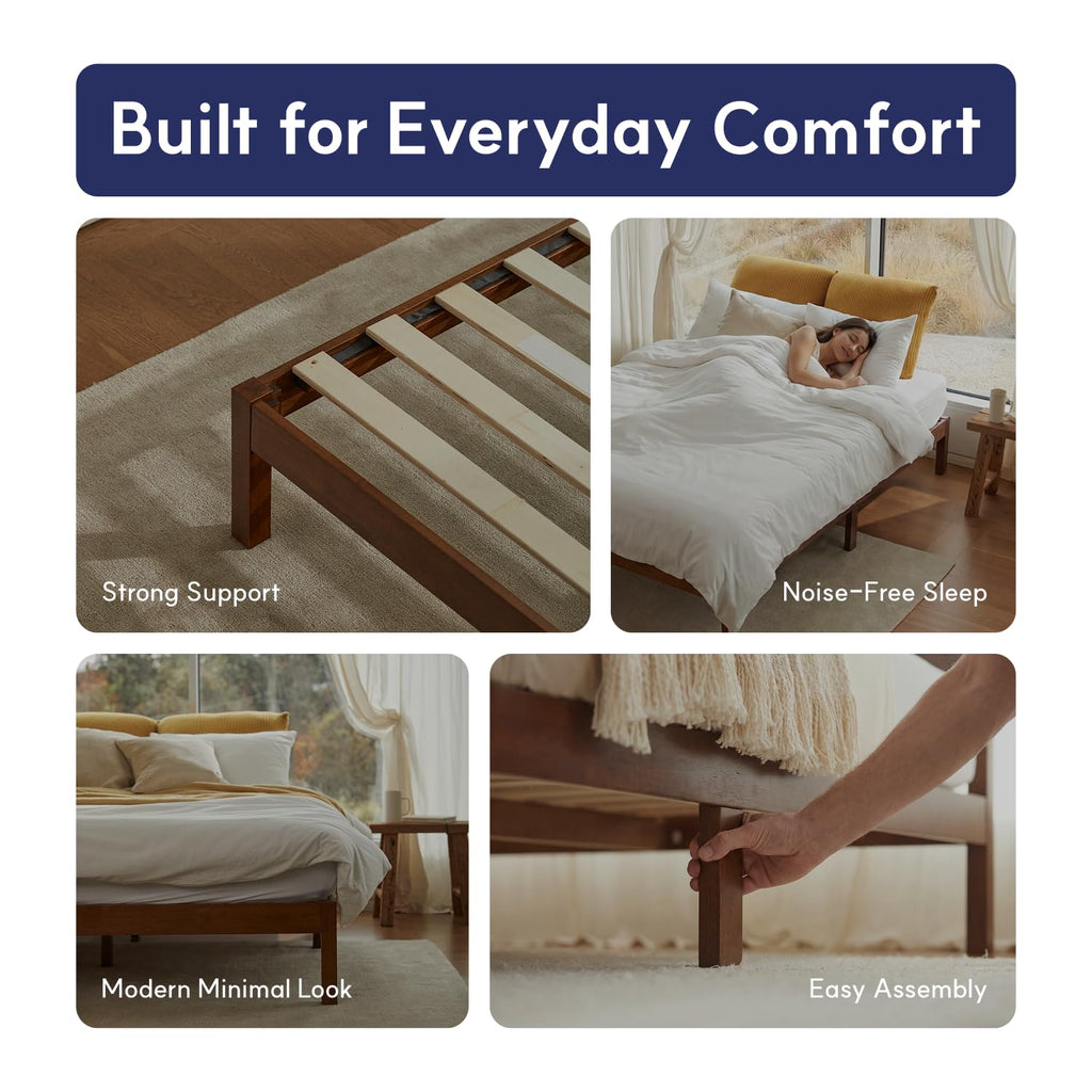Queen Bed Frame Classic Solid Pine Wood Platform, Noise Free, Under Bed Storage, No Box Spring Needed, Easy Assembly