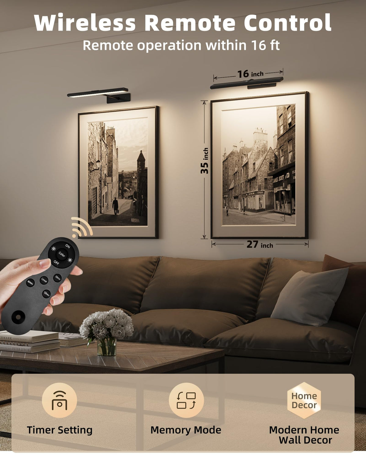 Picture Light for Wall, 4800mAh 16'' Rechargeable Wireless IR Remote Built in Battery Lights for Painting, Dimmable