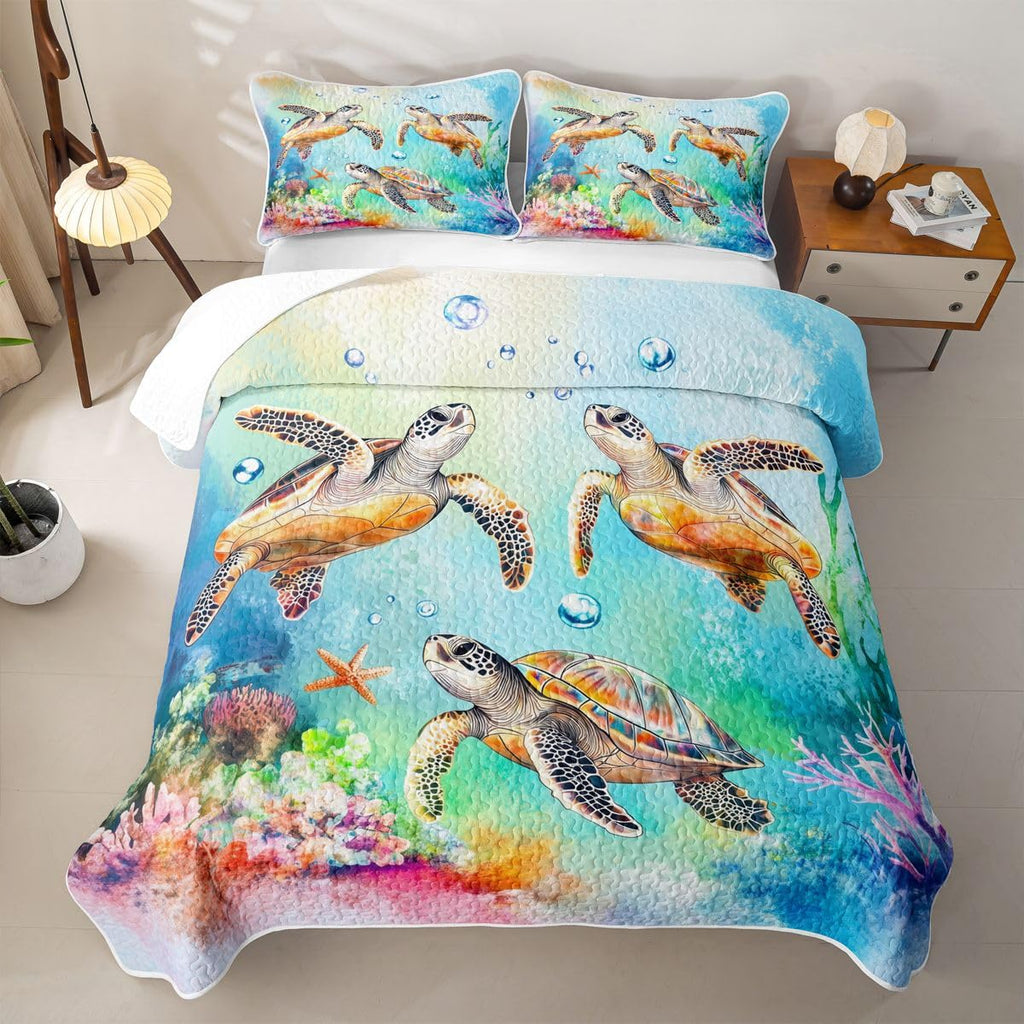 Sea Turtle Coastal Beach Quilts for Bed